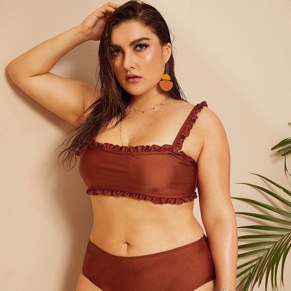 

Plus Frill Trim Top With High Waist Bikini, Brown