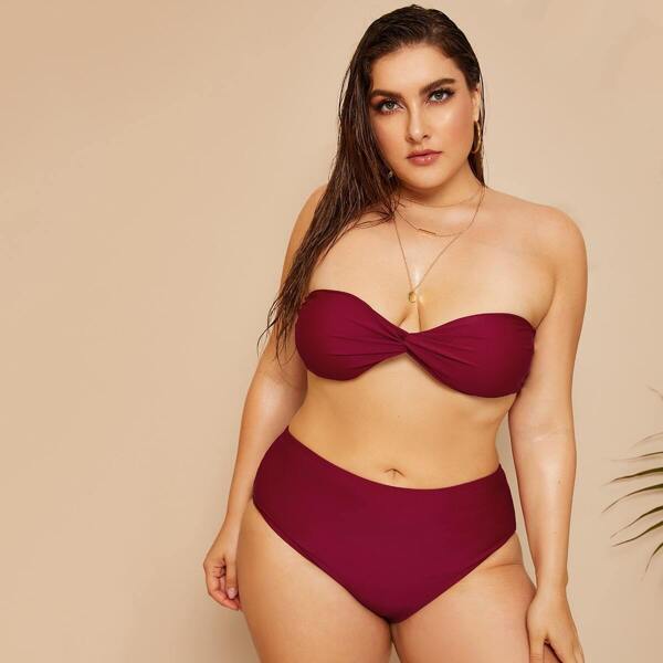 

Plus Twist Bandeau With High Waist Bikini, Burgundy