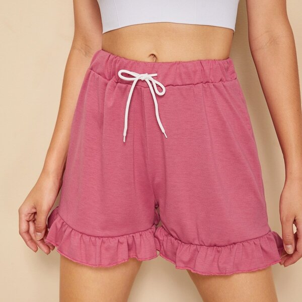 

Drawstring Waist Ruffle Hem Shorts, Pink