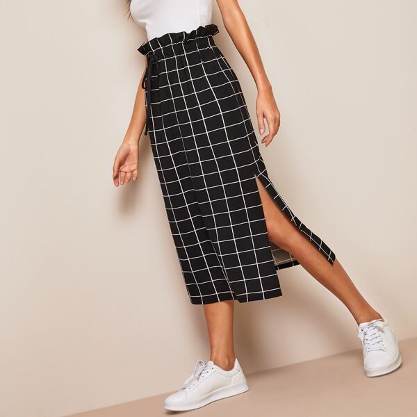 

Paperbag Waist Split Side Grid Skirt, Black