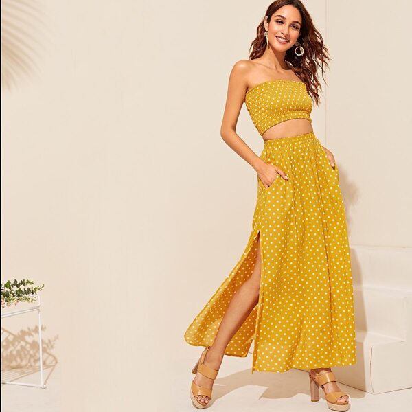 

Shirred Tube Top & Slit Polka Dot Skirt Set, Yellow