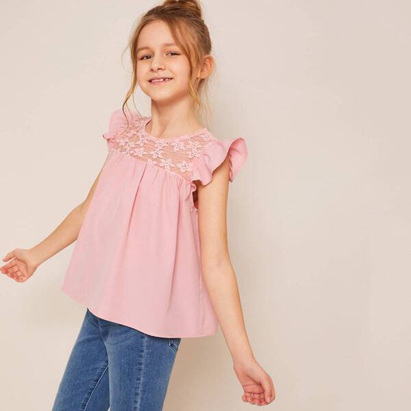 

Girls Lace Yoke Ruffle Armhole Smock Top, Pink pastel