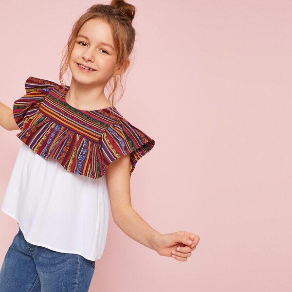 

Girls Aztec Print Ruffle Trim Top, Multicolor