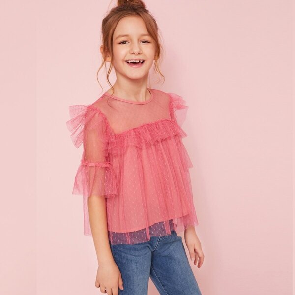 

Girls Ruffle Trim Keyhole Back Dot Mesh Top