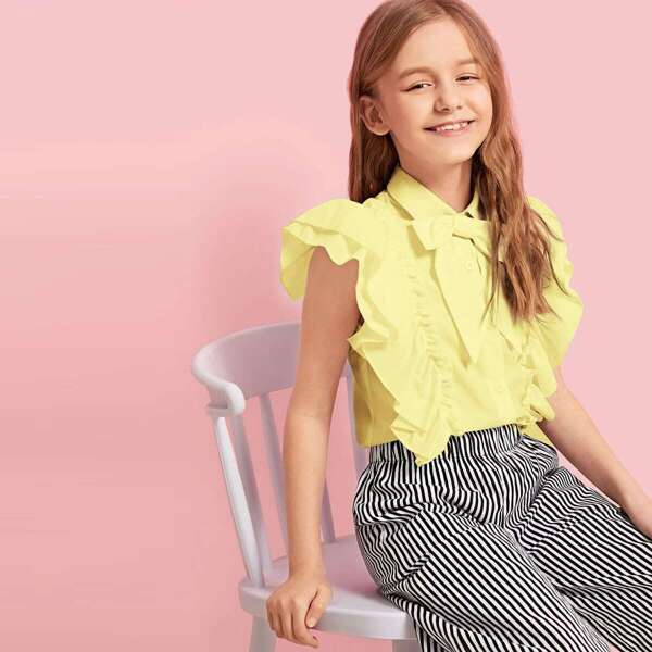 

Girls Tie Neck Ruffle Armhole Shirt, Yellow
