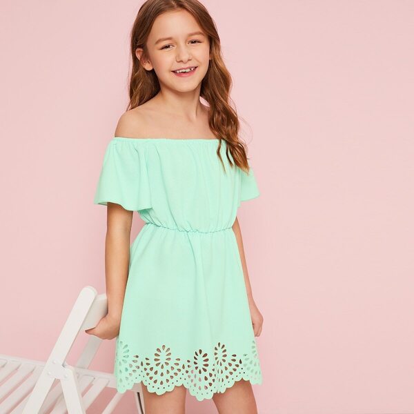 

Girls Off Shoulder Scalloped Laser Cut Dress