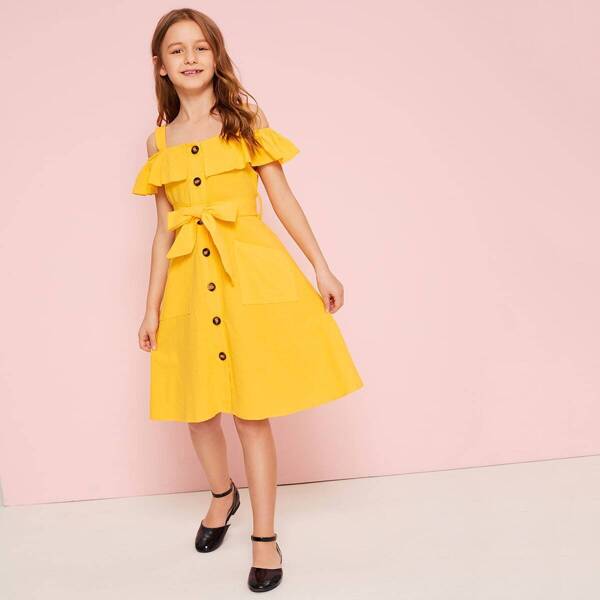 

Girls Cold Shoulder Ruffle Trim Belted Shirt Dress, Yellow