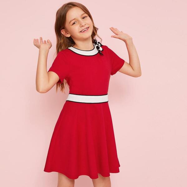 

Girls Bow Detail Contrast Neck & Waist Skater Dress