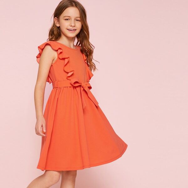 

Girls Neon Orange Ruffle Trim Belted Dress