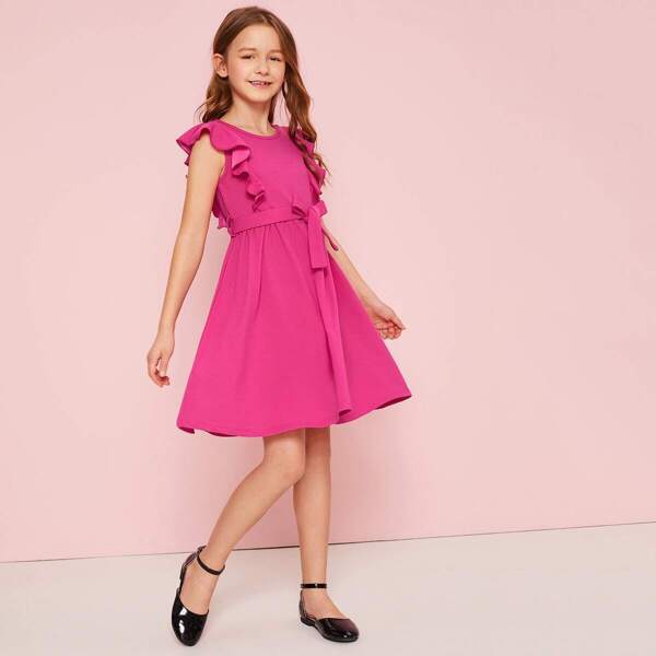 

Girls Ruffle Armhole Belted Swing Hem Dress