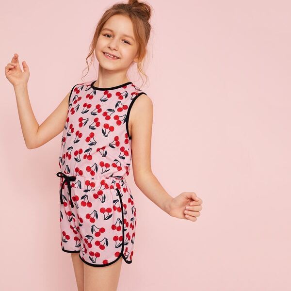 

Girls Cherry Contrast Binding Dolphin Hem Romper