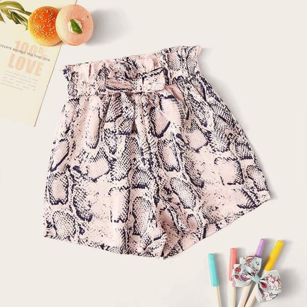 

Girls Paperbag Waist Bow Front Snakeskin Print Shorts