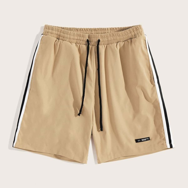 

Men Pocket Patched Striped Tape Side Shorts, Beige