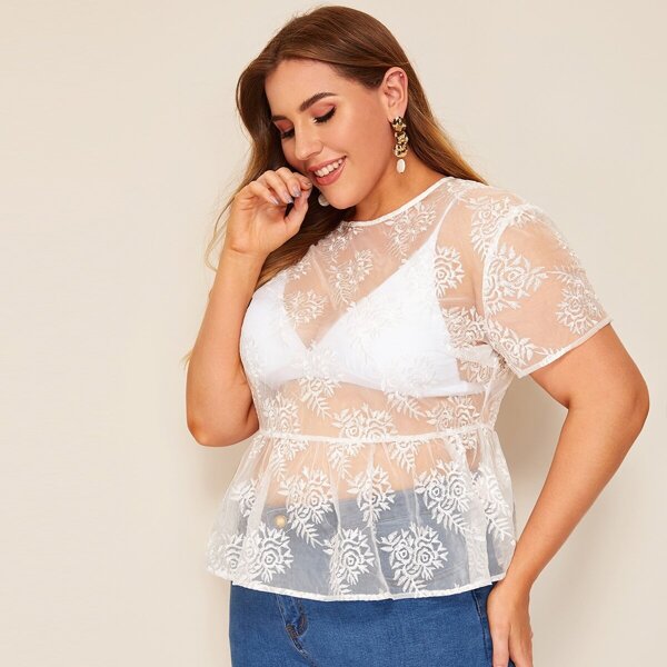 

Plus Keyhole Back Embroidered Organza Peplum Top, White