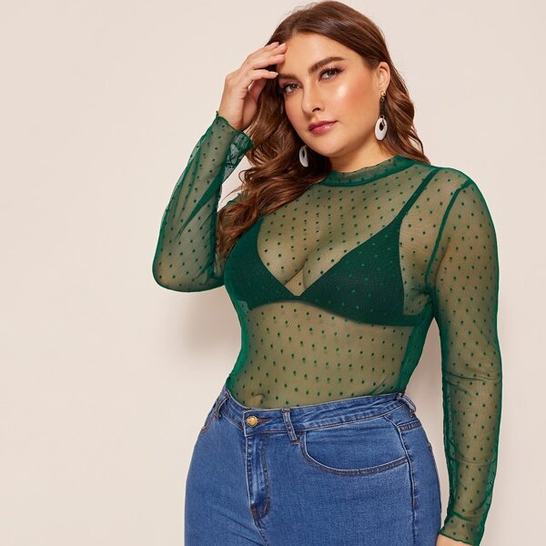 

Plus Mock-neck Dobby Mesh Top Without Bra