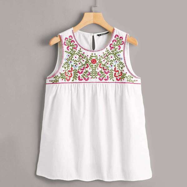 

Floral Embroidery Smock Shell Top, White