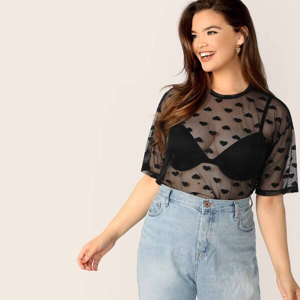 

Plus Heart Mesh Top Without Bra