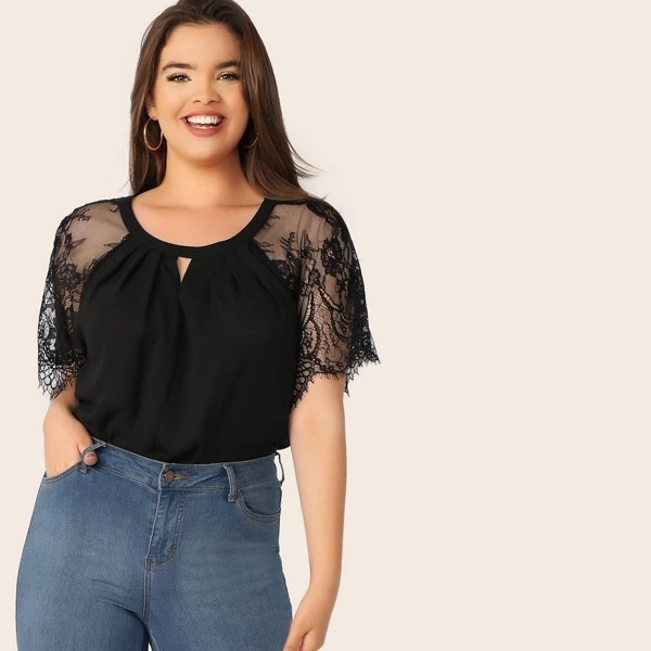 

Plus Keyhole Neck Floral Lace Raglan Sleeve Top, Black