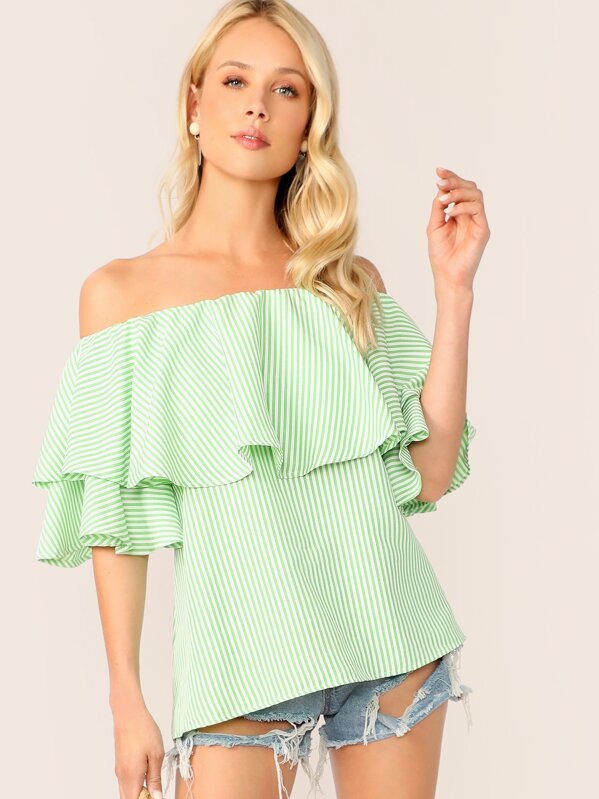 

Off Shoulder Ruffle Trim Striped Top, Green, Allie Leggett