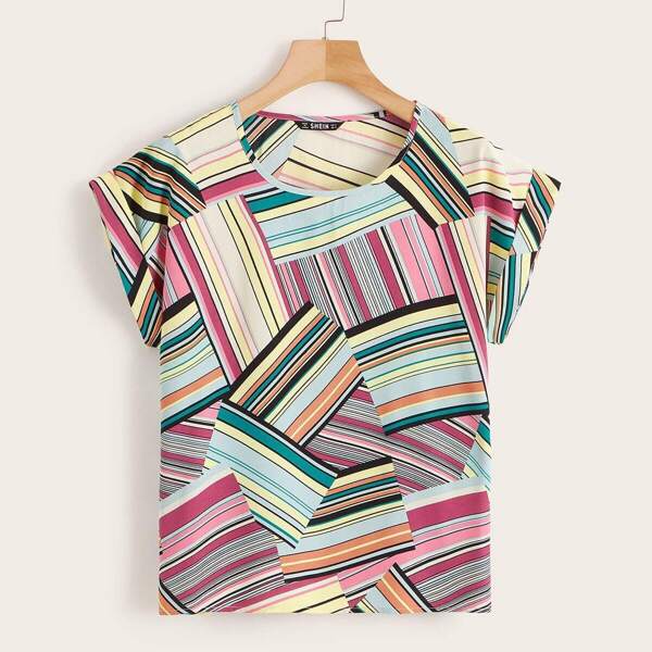 

Rolled Cuff Striped Patchwork Top