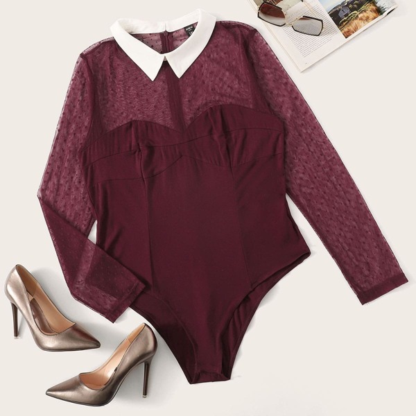 

Plus Contrast Collar Dot Mesh Insert Bodysuit, Burgundy