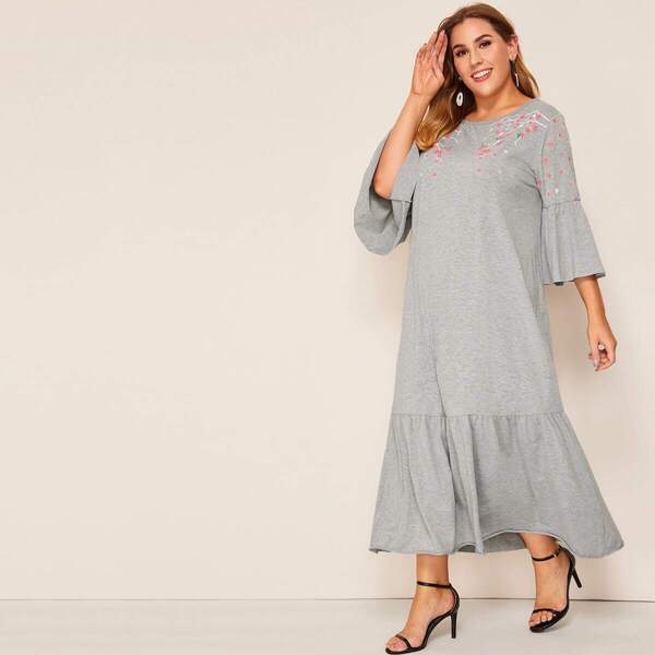 

Plus Flounce Sleeve Ruffle Hem Floral Print Dress