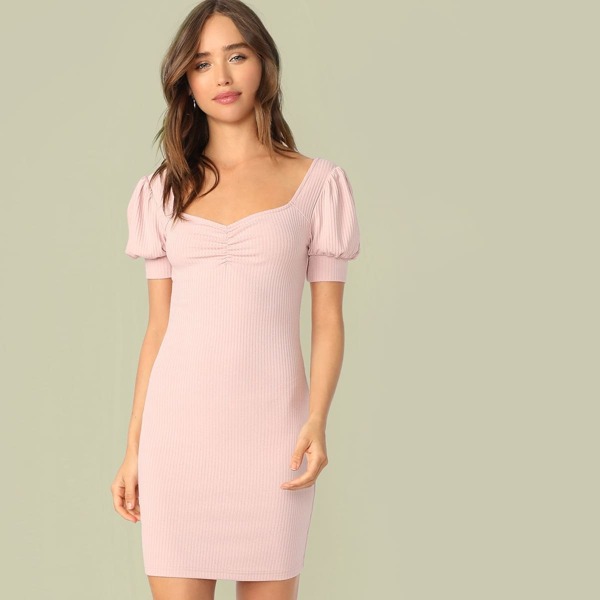 

Ruched Front Rib-knit Solid Bodycon Dress