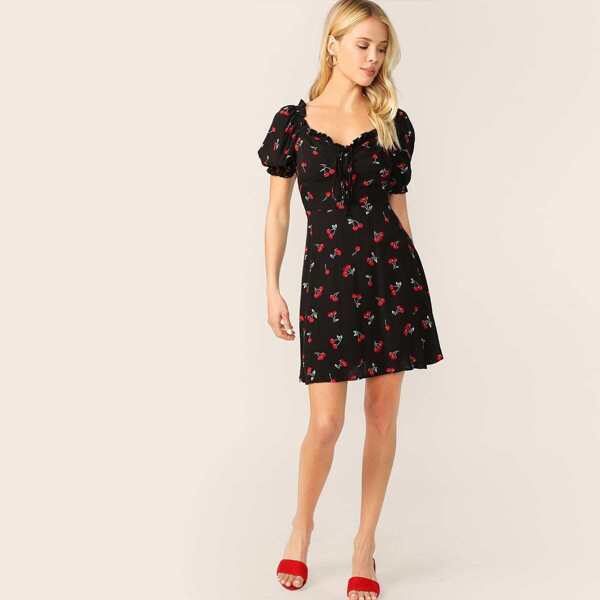 

Frill Trim Knot Front Cherry Print Dress