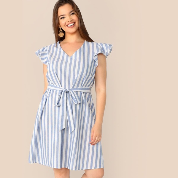 

Plus Layered Ruffle Detail Belted Striped Dress