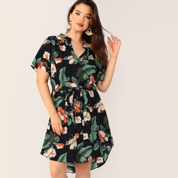 

Plus Tropical Print Belted Dress, Multicolor