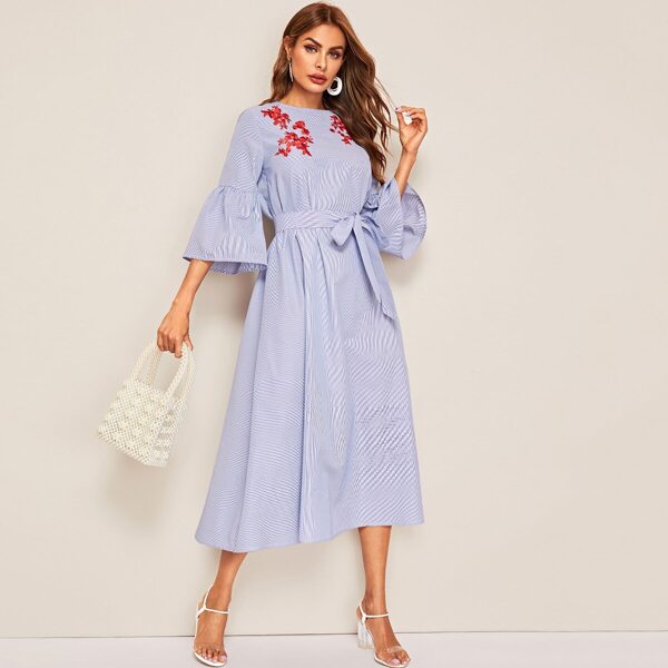 

Embroidered Detail Flounce Sleeve Striped Dress, Blue