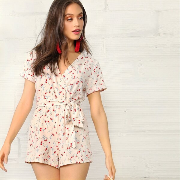 

Ditsy Flower Print Belted Wrap Romper