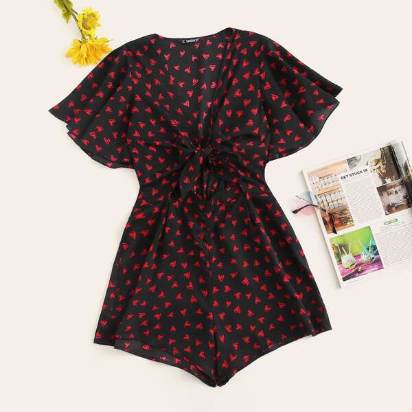 

Knot Front Peekaboo Flutter Sleeve Romper