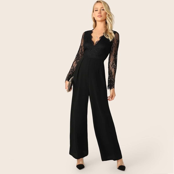 V-neck Lace Bodice Wide Leg Jumpsuit