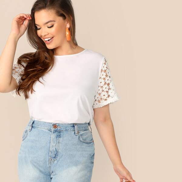 

Plus Solid Guipure Lace Sleeve Tee, White