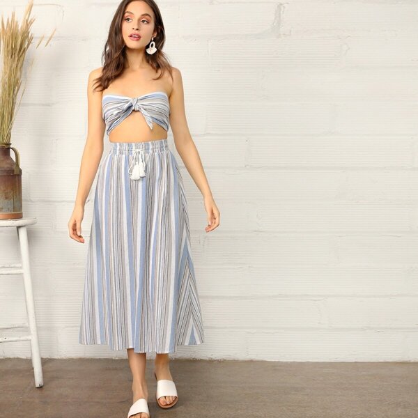 

Knotted Striped Tube Top & Skirt Set, Multicolor