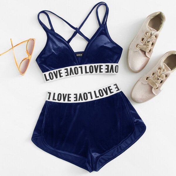 

Lettering Trim Velvet Bralette & Shorts Set