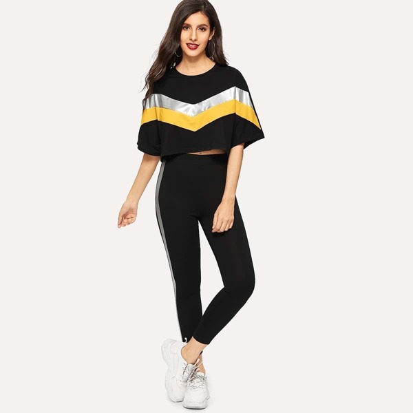 

Metallic Chevron Crop Tee & Panel Leggings Set
