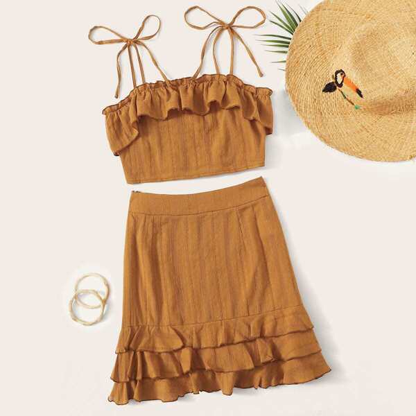 

Self Tie Shoulder Ruffle Top & Skirt Set, Camel