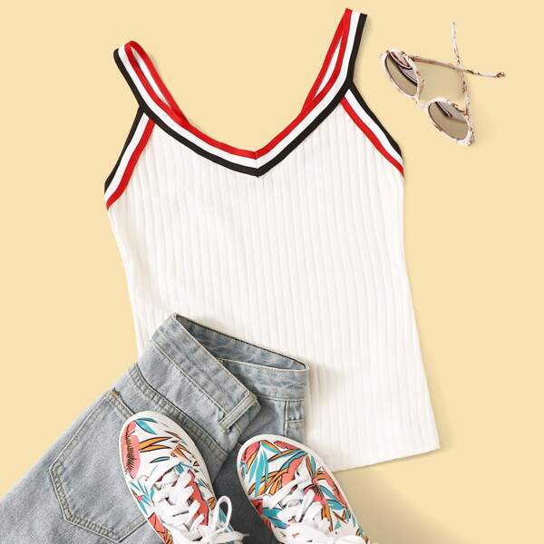 

Striped V-neck Ribbed Knit Top
