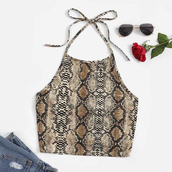 

Plus Snakeskin Print Crop Halter Top, Multicolor