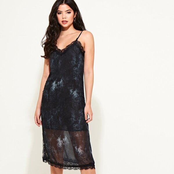 

Marble Lace Trim Cami Dress, Navy