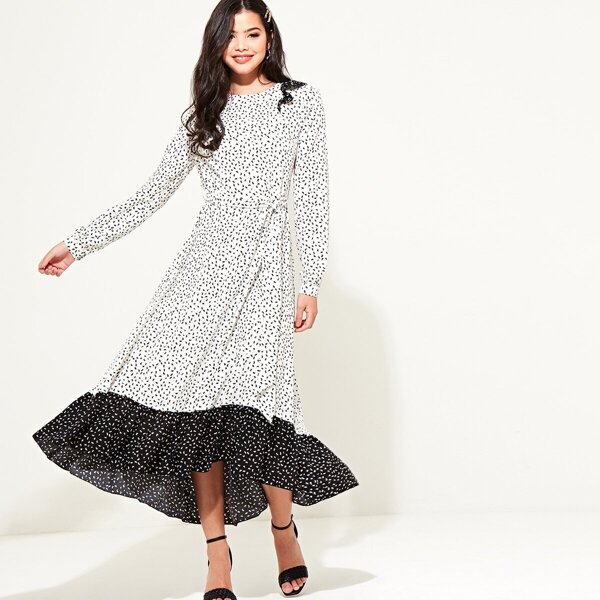 

Dalmatian Tie Waist Frill Hem Dress, Black and white