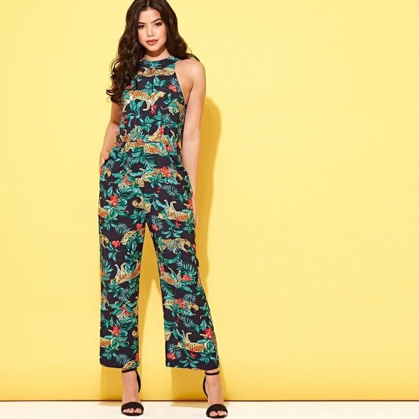 

Tropical and Leopard Print Wide Leg Halter Jumpsuit