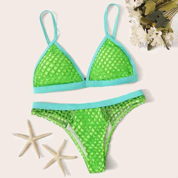

Fishnet Overlay Contrast Piping Triangle Bikini Set