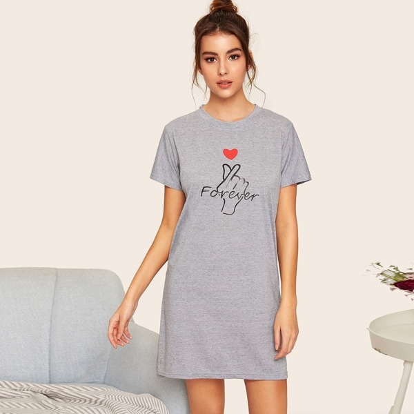 

Heart & Letter Print Night Dress, Grey