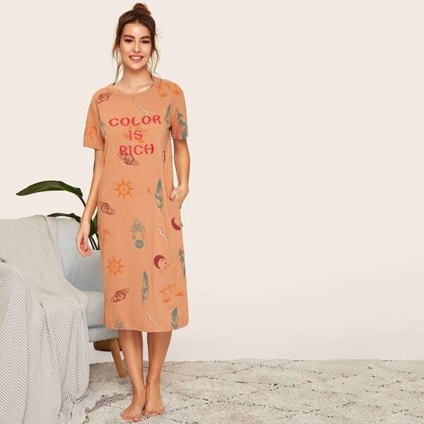 

Cartoon & Letter Print Night Dress, Multicolor