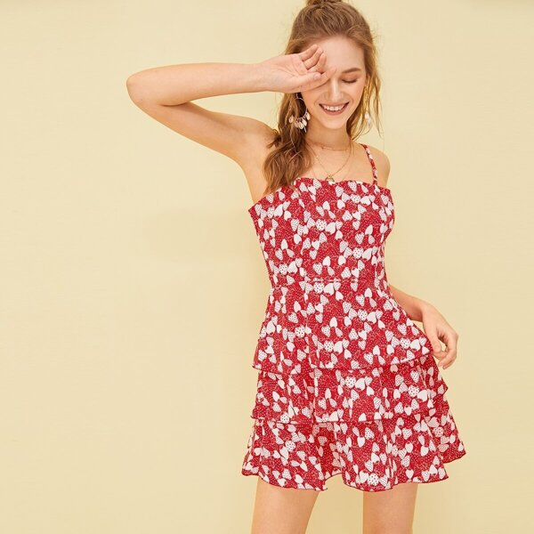 

Allover Strawberry Print Tiered Layer Slip Dress