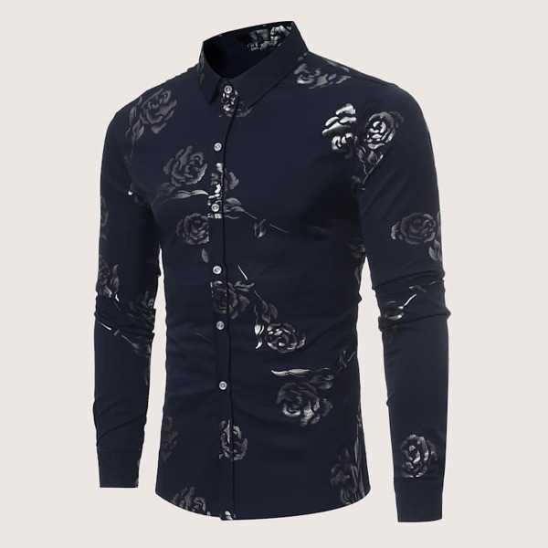 

Men Rose Print Button Cuff Shirt