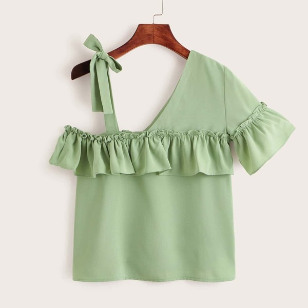 

Frill Trim Asymmetrical Neck Blouse